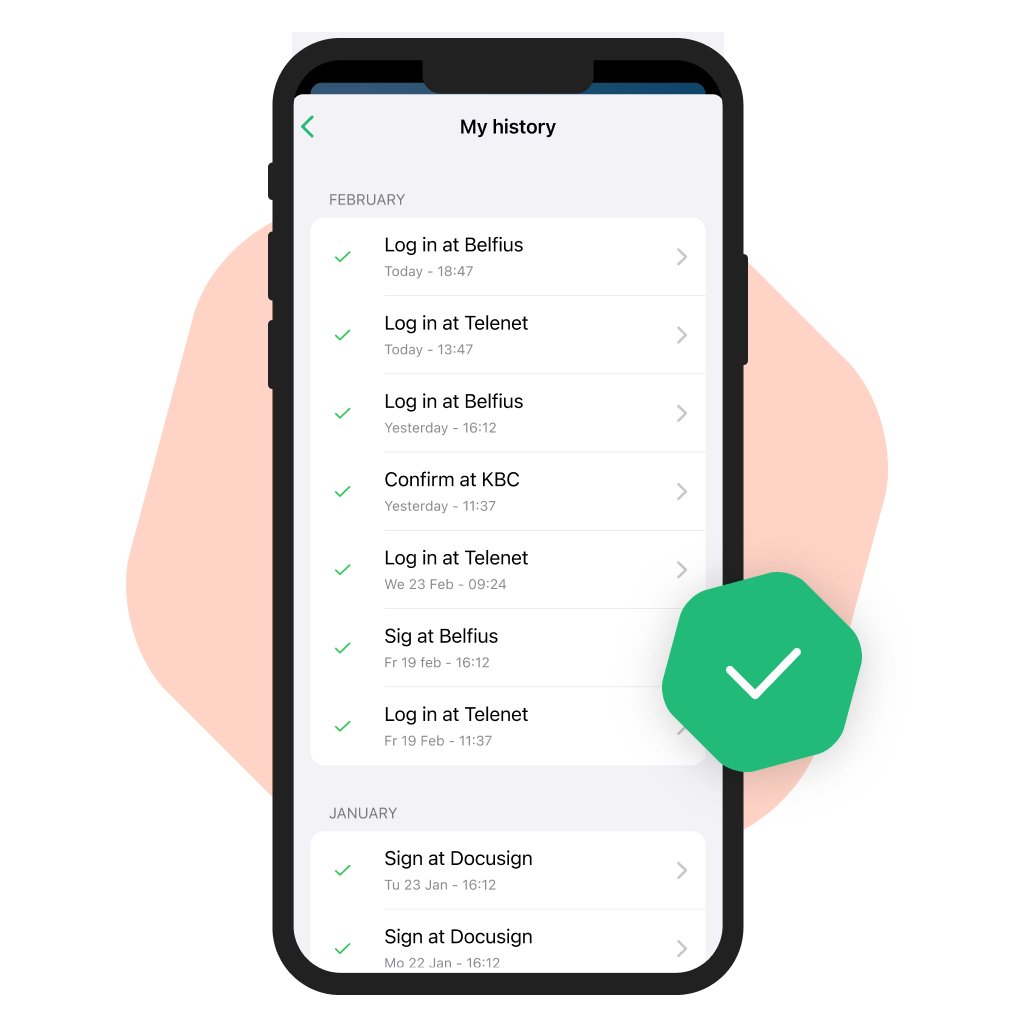 A mock-up of a phone showcasing the 'my history' option inside the itsme app