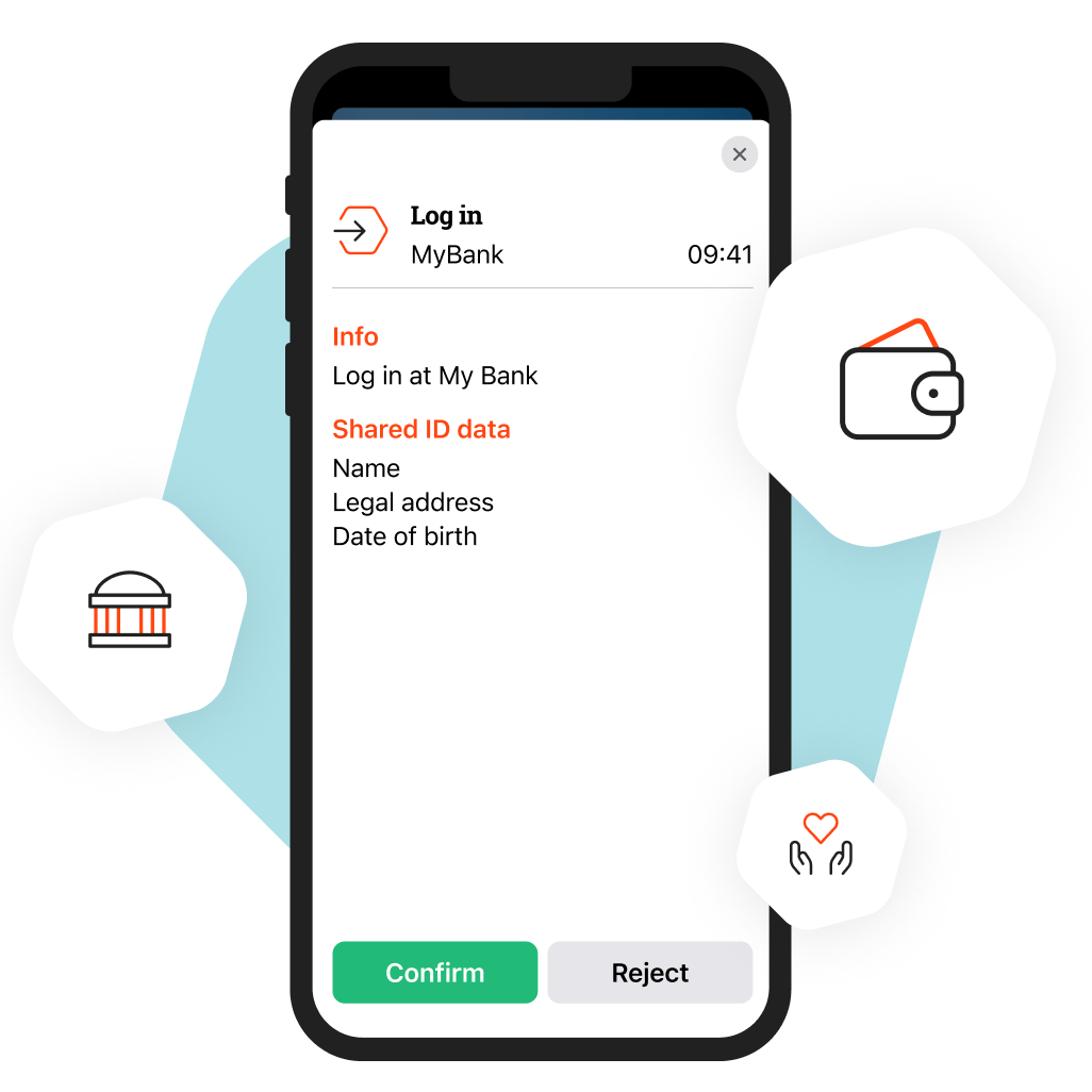 Phone mock-up displaying the itsme app with a bank log in action
