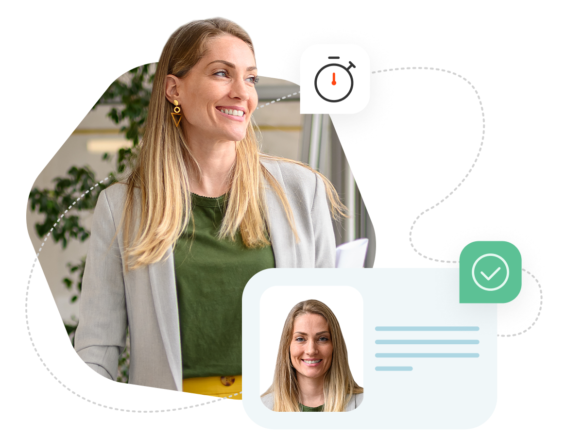 Woman with long blonde hair and green top is looking to the right, smiling