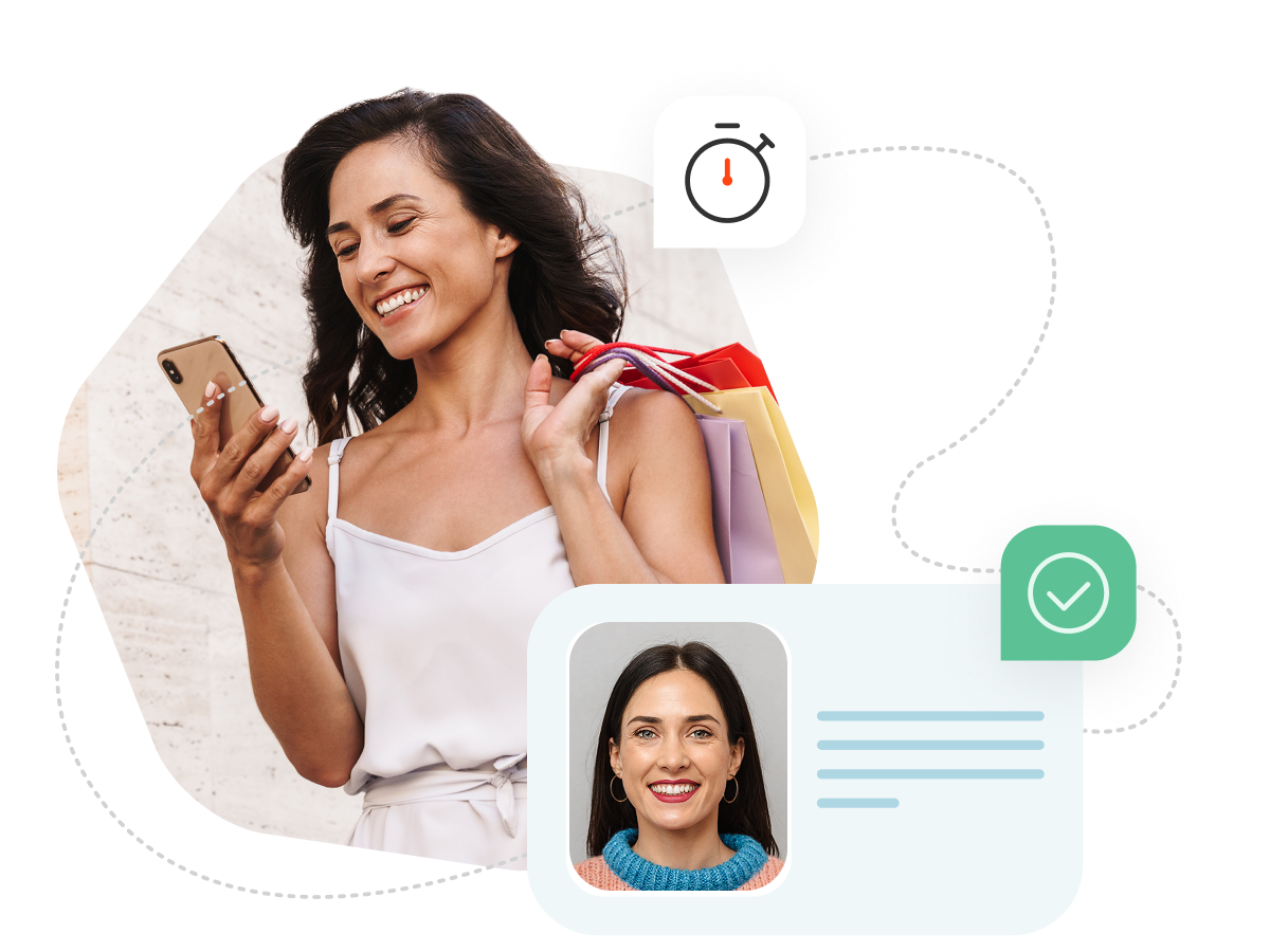 A woman holding a lot of shopping bags over her shoulder, holding and looking at her phone